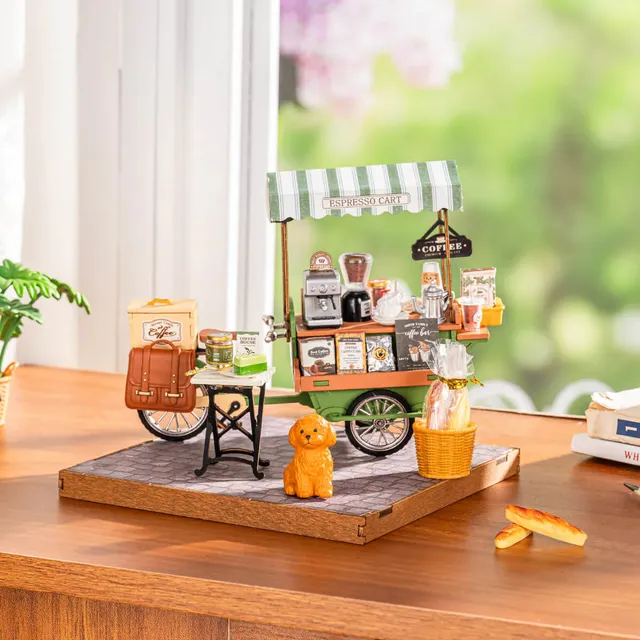 robotime-dg182-rolife-aromatic-coffee-cart-miniaturhaus-holz image 1