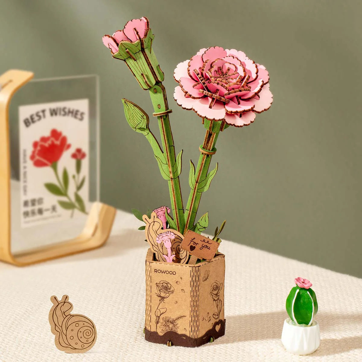 rowood-tw051-pink-carnation-holzblume-bausatz-rosa-nelke image 2