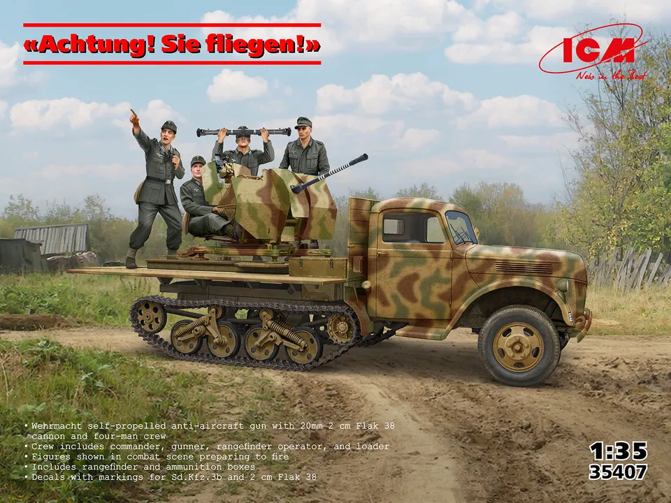 icm-35407-achtung-sie-fliegen-modellbausatz-1-35-sd-kfz-3b-flak image 1