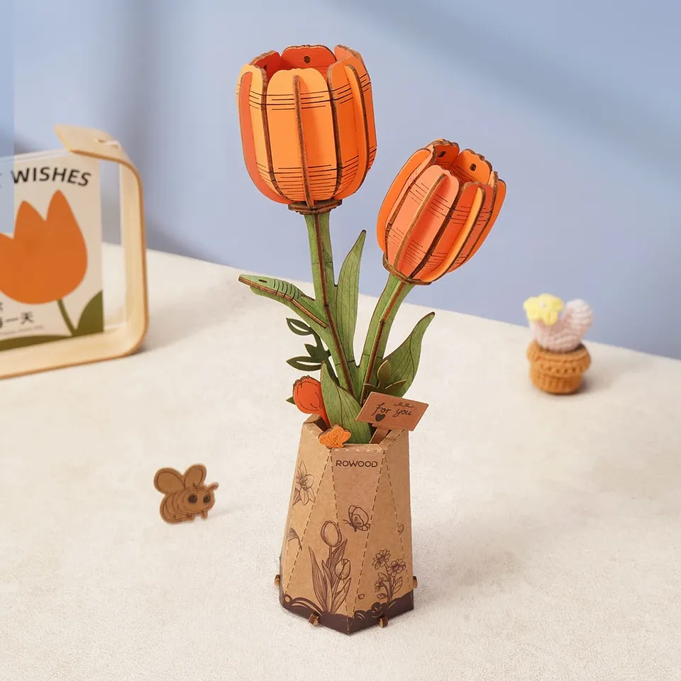 rowood-tw081-orange-tulpe-holzblumen-3d-holzpuzzle-strau image 1