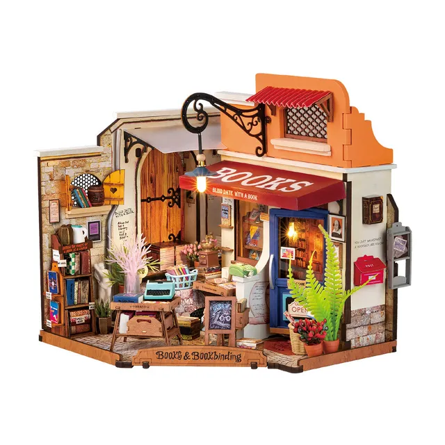 robotime-dg164-corner-bookstore-miniaturhaus-holzbausatz image 1