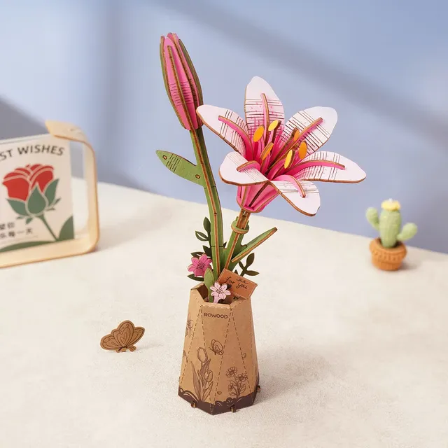 rowood-tw071-pink-lily-holzblumenstrauss-3d-holzbausatz image 1