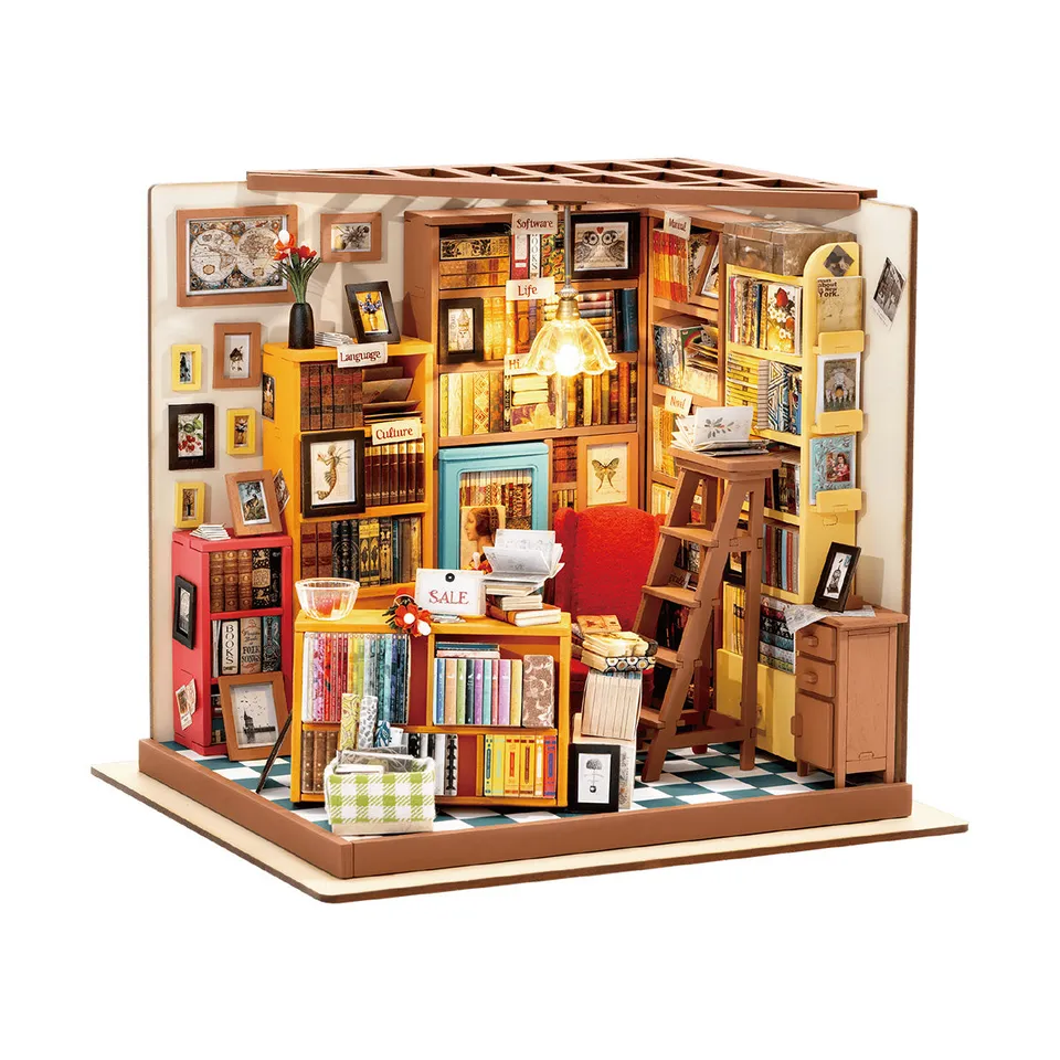 robotime-rolife-dg102-sam-s-study-miniaturhaus-bibliothek image 1